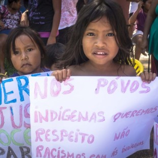 Meninas indígenas Kaigang protestam em SC. (Foto: Daniel Caron/Fotos Públicas)