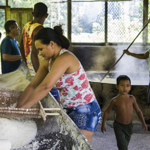 Quilombolas se reúnem para produzir farinha, em Larajituba. Foto: Rosilene Miliotti / FASE